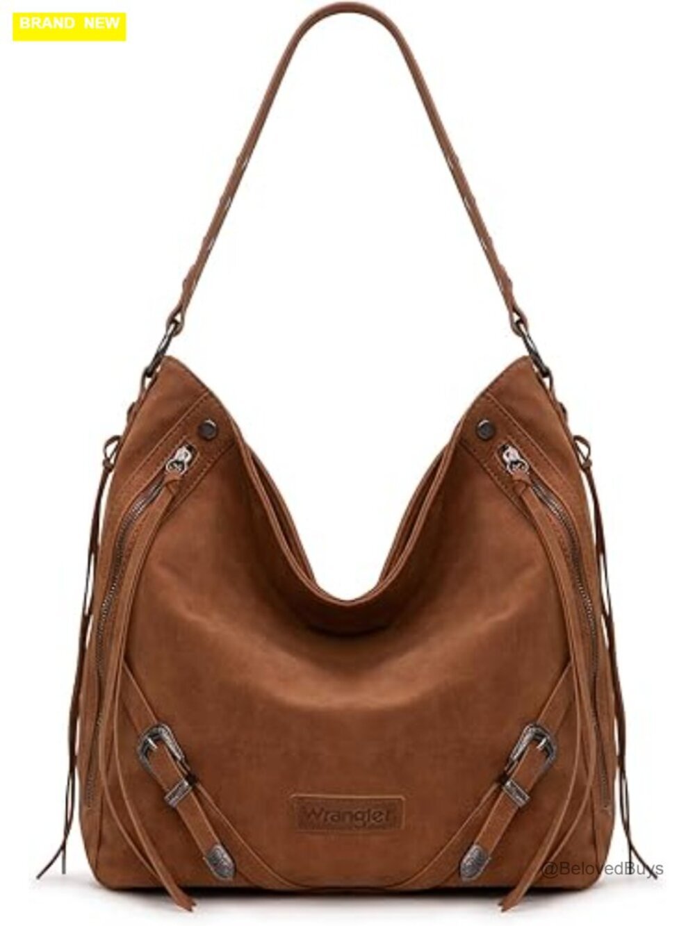 Large Faux Suede Hobo Handbag with Fringe and Buckle Zipper Shoulder Bag